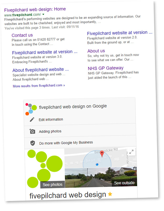 Fivepilchard on the Google search engine listing